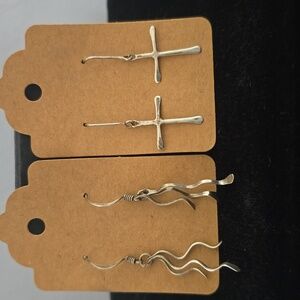 Two Pair Silver Dangle Earrings, Cross and Swirl Wave